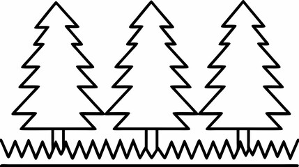 Obraz premium Simple line art illustration of three evergreen coniferous trees standing on a patch of grass. Minimalist nature and forest icon.
