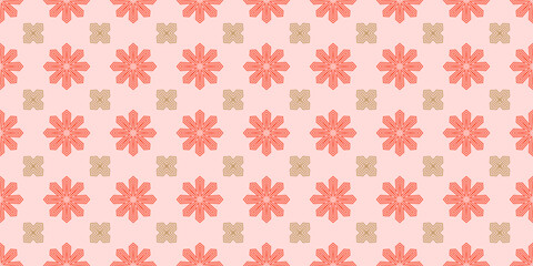 Seamless vector pattern with retro snowflake flowers, geometric cross elements on pink background, texture design for christmas, winter holiday textile, wallpaper, fabric, decoration, print, carpet