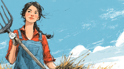 Illustration of a woman farmer holding a pitchfork smiling.