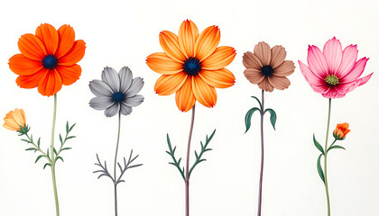 Obraz premium Isolated Cosmos Flowers in Various Colors on White: A Striking Floral Arrangement for Backgrounds and Design Elements. 