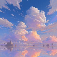 Serene Sunset Reflection Over Calm Waters with Vibrant Clouds and Rock Formations