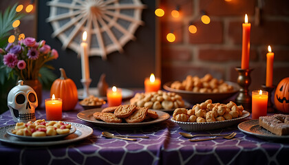Naklejka premium Halloween party scene with cobweb decorations, candles, and themed snacks