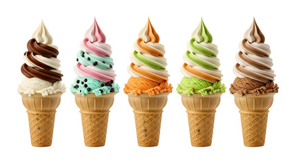 Ice cream cones on isolated background. Generative AI, collection of delicious ice cream in waffle cone, isolated on transparent background cutout, png different flavors mockup for design