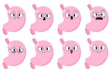 Cartoon stomach set. Health, Heartburn, gastritis, atony, nausea, Helicobacter, cancer, digestive problems. Cartoon human internal organs. Stock vector illustration isolated on white background.