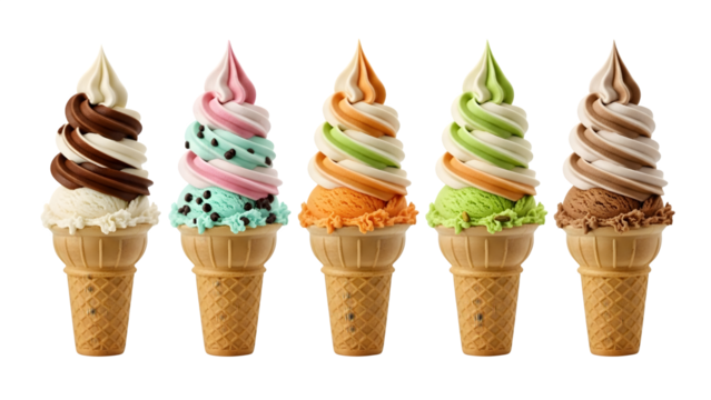 Ice cream cones on isolated background. Generative AI, collection of delicious ice cream in waffle cone, isolated on transparent background cutout, png different flavors mockup for design