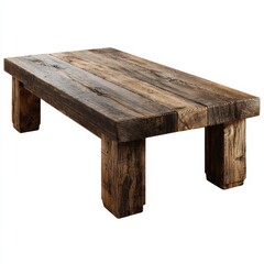 Rustic wooden table with a natural and weathered appearance. The table is sturdy and evokes a sense of timeless design