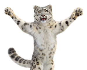 A snow leopard standing on its hind legs with its front paws raised in the air on a transparent background