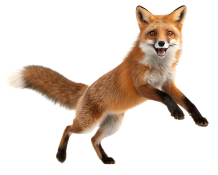 A vibrant fox mid leap with a bushy tail and a cheerful expression on a transparent background image