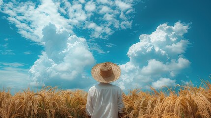 Serene Rural Scene of Farmer Standing in Wheat Field Beneath Bright Clouds