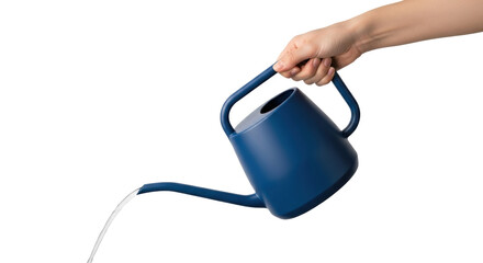 Isolated hand holding dark blue watering can pouring water, tool for gardening and landscaping