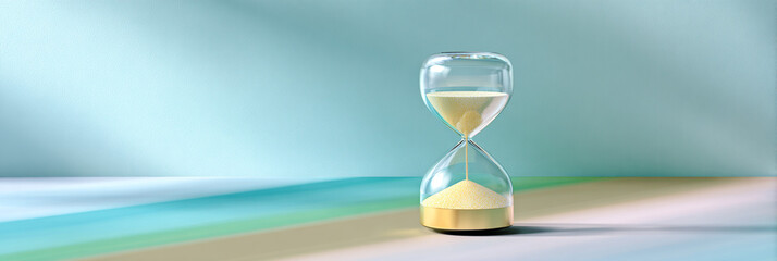 Glass hourglass with flowing sand on a colorful surface, showcasing the passage of time in a serene and artistic setting, emphasizing tranquility and reflection