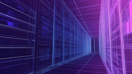 Server room wireframe rendering representing data center technology