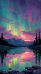 Enchanting Aurora Borealis Illuminating Tranquil Lake Landscape at Twilight with Mountain Range