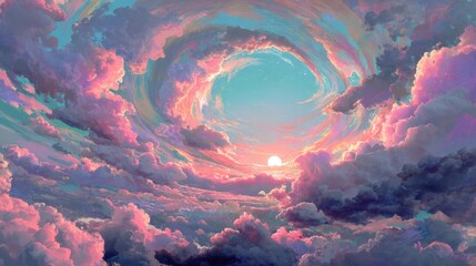 Dreamy Swirling Clouds at Sunset with Vibrant Colors in a Scenic Sky
