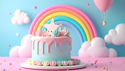 Colorful birthday cake with rainbow and clouds