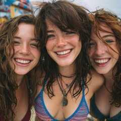 three young beautiful women on the beach 