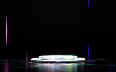 Minimalist 3D render of a luminous white podium on a dark reflective floor with colorful light patterns and vertical neon lines. Ideal for product display, presentation, or abstract background.