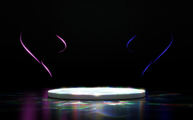 Brightly lit circular stage podium on a dark background with vibrant iridescent light reflections on the floor, glowing pink blue wavy lines floating above. Ideal for product display or event.