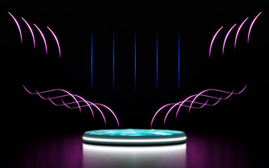A futuristic 3D render featuring a glowing circular podium with an iridescent top on a dark background. Abstract neon pink light waves and vertical blue lines create a dynamic, tech inspired stage.