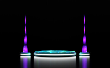 A futuristic 3D render featuring a glowing circular podium with a vibrant blue green surface, flanked by two tall purple spires, all against a dark, reflective background. Ideal for product display.