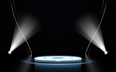 A futuristic dark studio background with a glowing white circular podium stage illuminated by two spotlights. Neon blue light accents radiate from the platform, creating an abstract, dynamic scene.