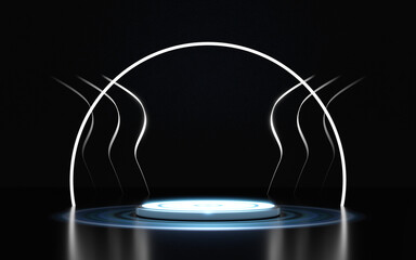 A futuristic dark stage with a glowing circular podium and blue concentric light rings. White arched and wavy neon lights frame the modern, abstract display background, perfect for products.