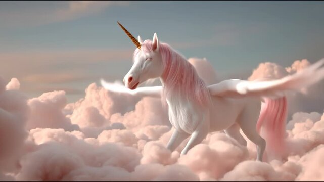 A majestic winged unicorn, with a golden horn, pink mane and tail, stands amidst fluffy pastel clouds in a dreamy sky