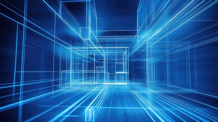 Abstract blue luminous wireframe grid lines constructing virtual architecture