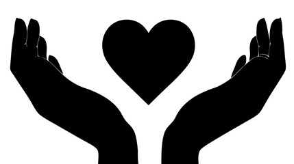 Cupped hands silhouette holding a heart, representing love, care, support, charity, giving, protection, and kindness.