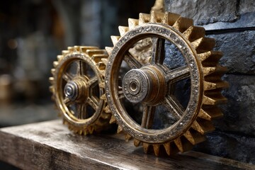 Steampunk style golden gears displaying intricate industrial mechanism