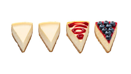 Slice of Cheese Cake on plate top view with transparent background, Delicious cheesecake cut out. Based on Generative AI, different cheesecakes slice collection