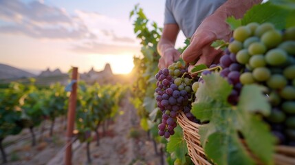 Obraz premium A close-up shot of a farmer's hands meticulously assessing and gathering ripe grapes during the golden hour, highlighting the connection between humans and nature in agricultural practices.