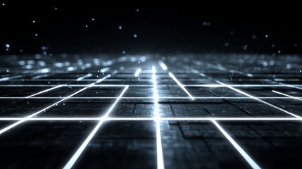 Illuminated grid lines of bright white light extend across a dark, textured surface, conveying depth with a bokeh effect in a black background, representing a digital network or abstract futuristic...