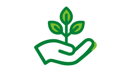 Green hand holding a growing plant sprout, symbolizing environmental care, nature protection, sustainability, and ecological responsibility. Vector icon.