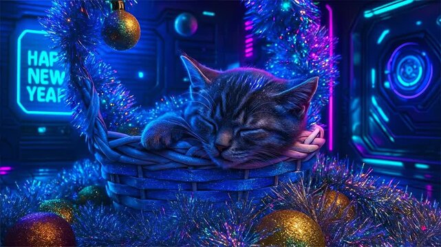 A cute little kitten sleeps in a basket in a room decorated for the Cyber ​​New Year. New Year concept