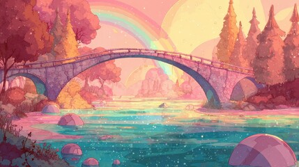 Serene Landscape with Colorful Rainbow Over Stone Bridge and Tranquil River at Sunset