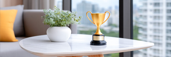 Golden trophy placed on a modern table beside a decorative plant, showcasing a stylish interior with large windows and a bright, airy atmosphere for celebration and achievement