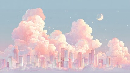 A Beautiful Sunset City Skyline with Soft Clouds and a Crescent Moon Above the Horizon