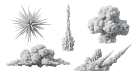 Isolated eruption elements, bursts, dust clouds, flame plumes, rocket trails, vector shapes