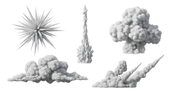 Isolated eruption elements, bursts, dust clouds, flame plumes, rocket trails, vector shapes