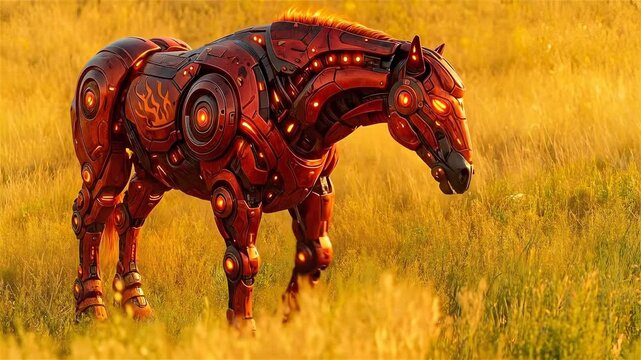 A red, fiery cyber-robot horse, the symbol of the year, gallops across a meadow. New Year's concept.
