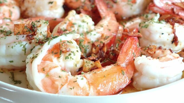 Fried shrimp seasoned with fried garlic, seasoned with sauce and oregano powder on the plate.