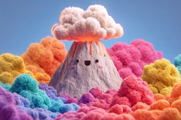 Playful Cartoon Volcano Erupting with Colorful Clouds and Smiling Face in a Whimsical Landscape