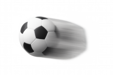 Soccer ball flying fast with motion blur representing speed and dynamic action, isolated on transparent background
