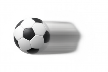 Soccer ball flying with speed, blurred motion effect, kicking game action on transparent background