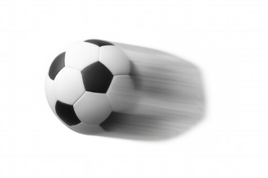 Soccer ball flying fast with motion blur representing speed and dynamic action, isolated on transparent background