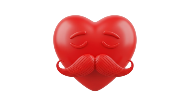 Isolated heart with curled mustache and sleepy eyes is symbolic of love and passion