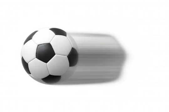 Soccer ball flying with speed, blurred motion effect, kicking game action on transparent background