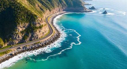 Scenic Coastal Highway Winds Along Rugged Cliffs Beside Turquoise Ocean Waves aerial view