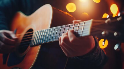 Naklejka premium Musician playing acoustic guitar during intimate performance
